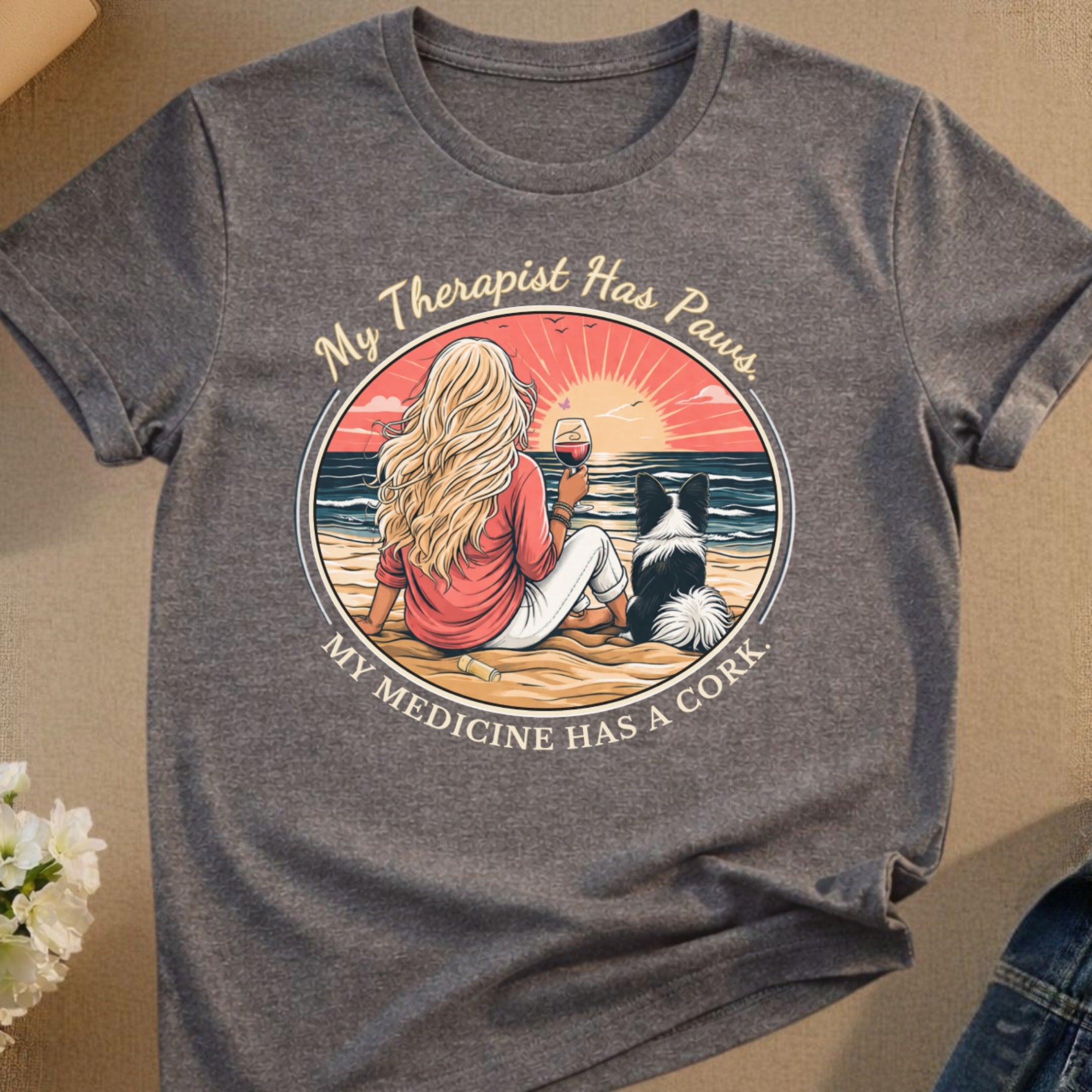 T-shirt graphic with dog and wine on beach with text "My Therapist Has Paws. My Medicine Has A Cork."
