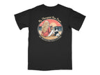 Black t-shirt with sunset, dog, and text: "My Therapist Has Paws. My Medicine Has A Cork."