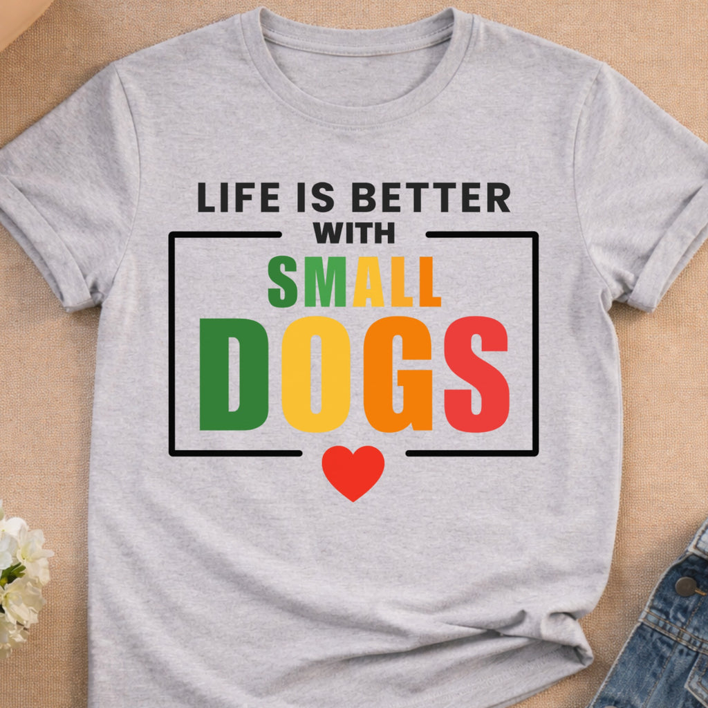 Grey t-shirt with text "Life is Better With Small Dogs" and a red heart.