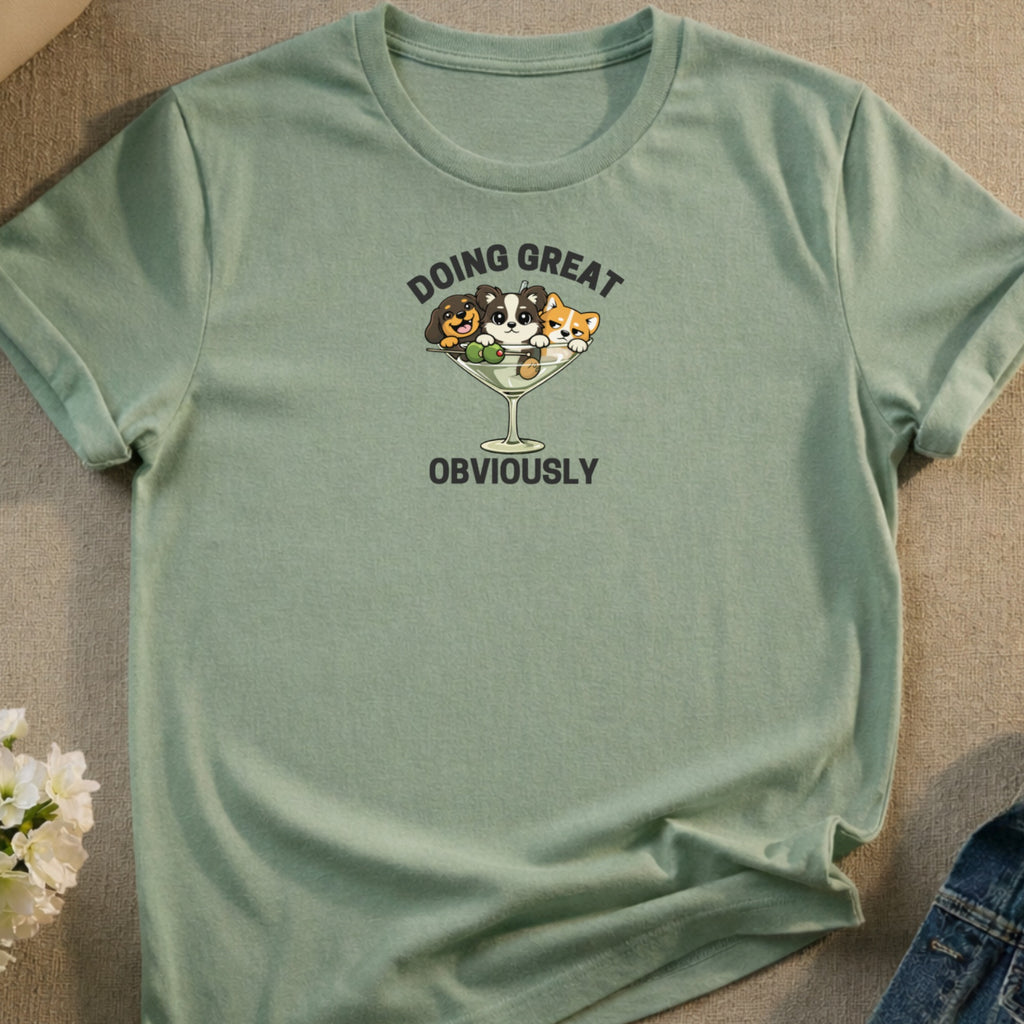 Green t-shirt with four cartoon dogs in a martini glass, "Doing Great OBVIOUSLY" text.