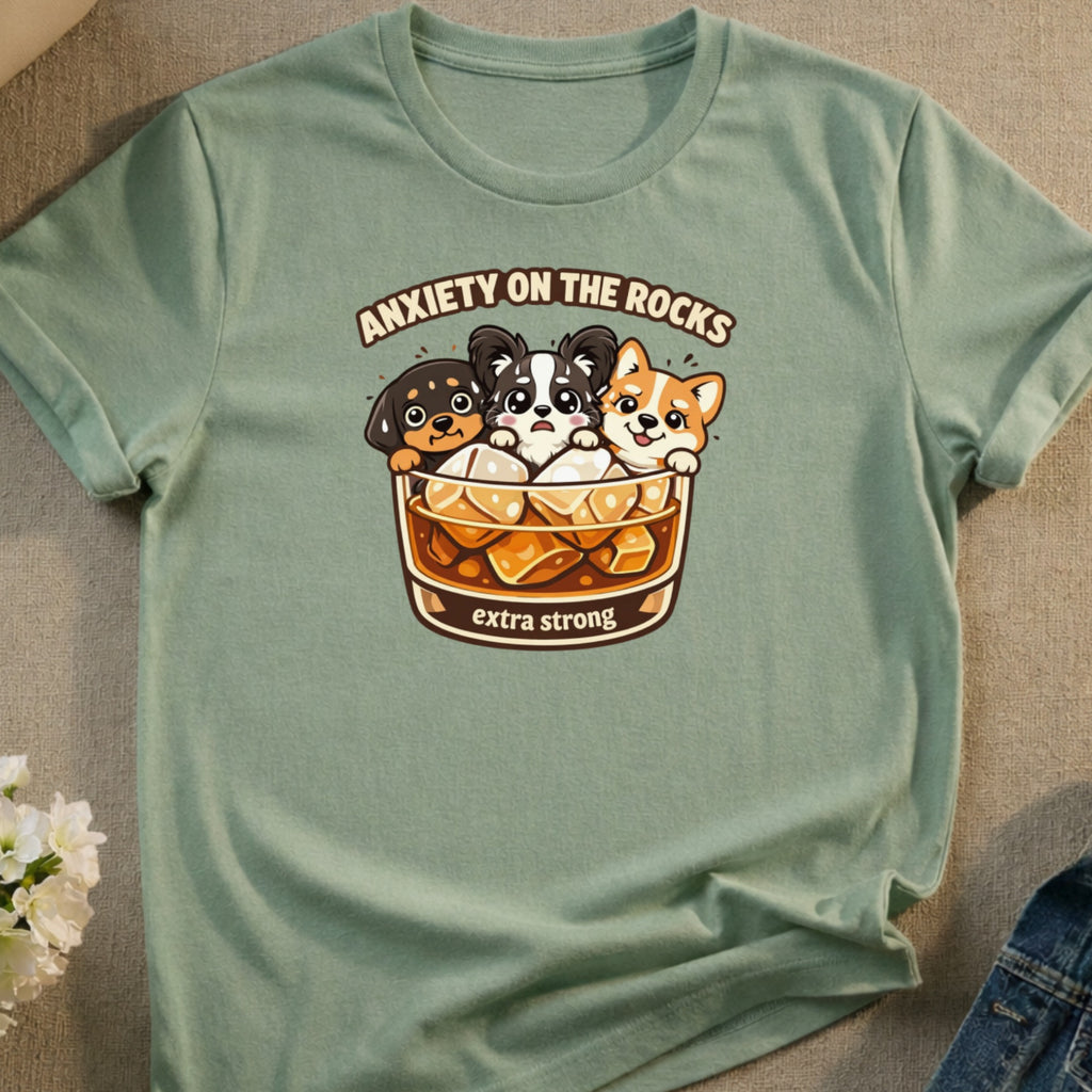 Three cartoon dogs in a glass of whiskey with text "Anxiety on the Rocks, extra strong."