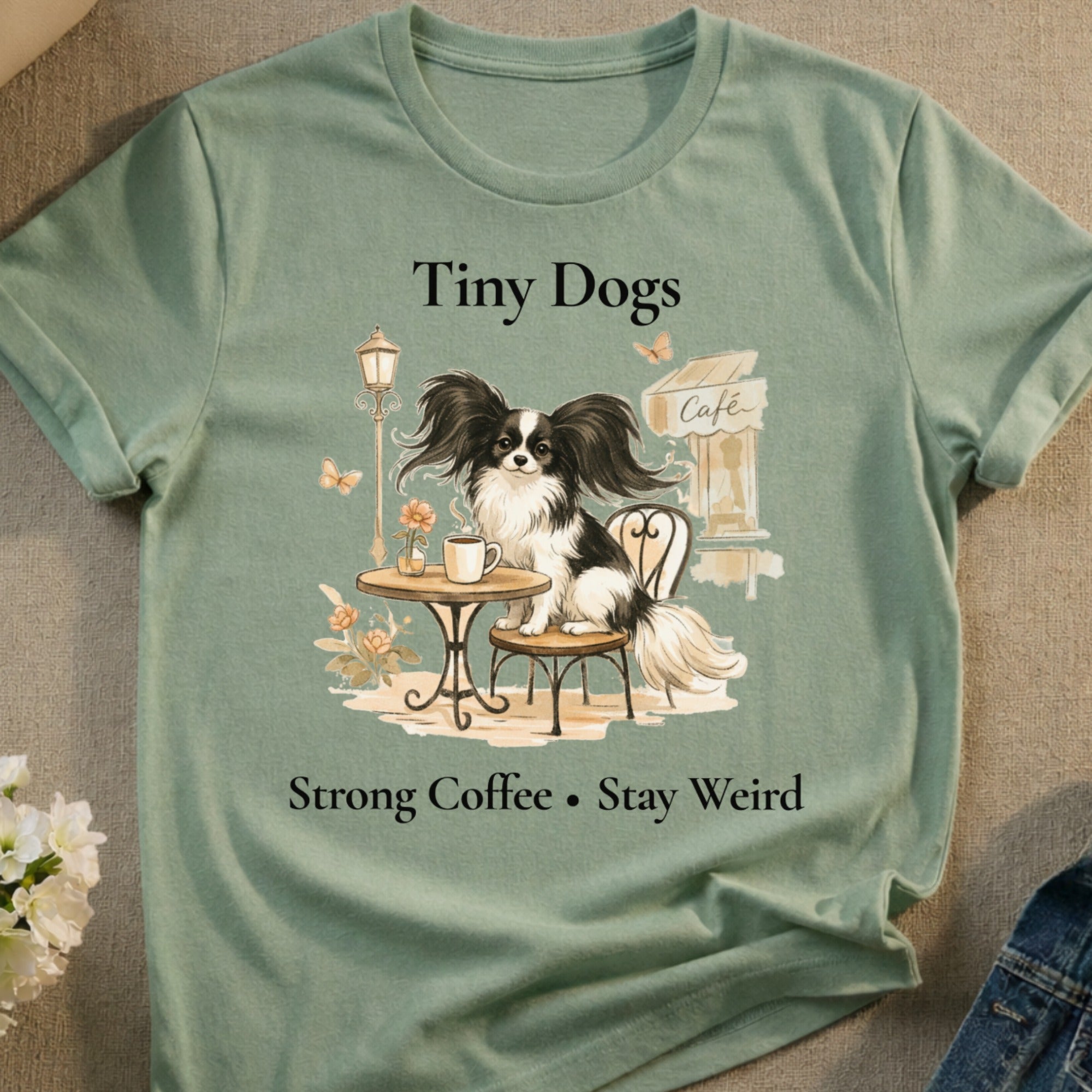 Tiny Dogs Cafe Papillon Strong Coffee Stay Weird product type
