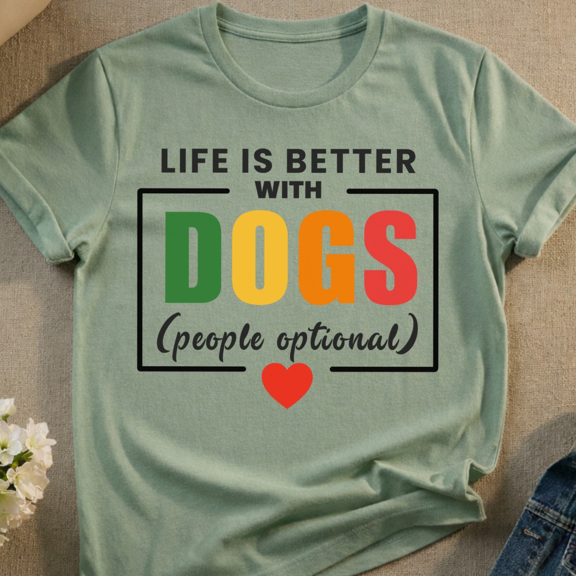 Green t-shirt with "Life is Better with Dogs" text and a heart.