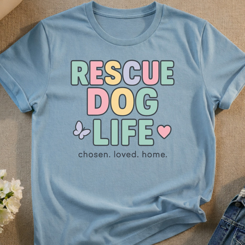 Light blue t-shirt with "RESCUE DOG LIFE" text and heart graphics.