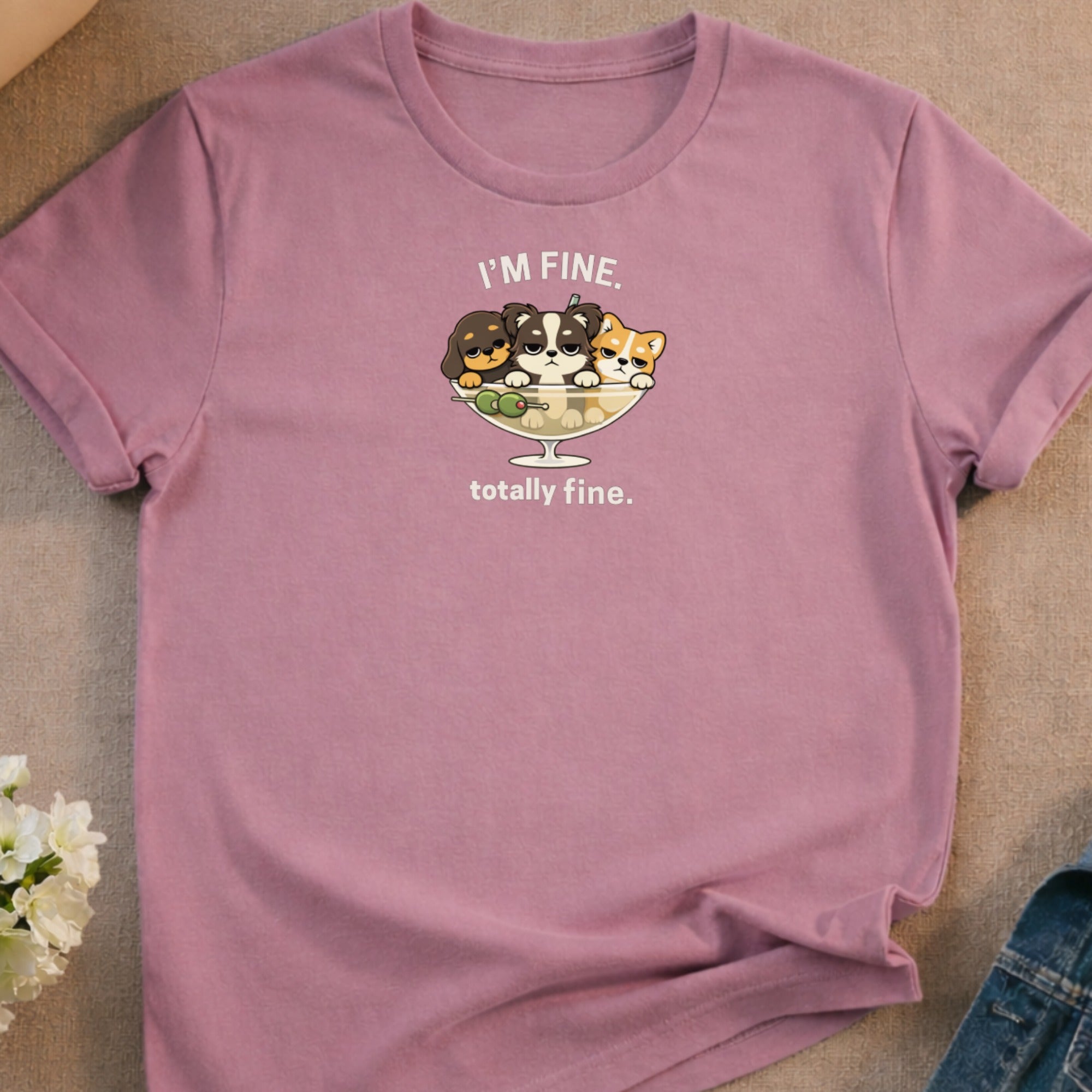 T-shirt with cartoon puppies and kittens in a martini glass.