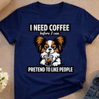 Dark blue t-shirt with text and illustration of a dog holding coffee.