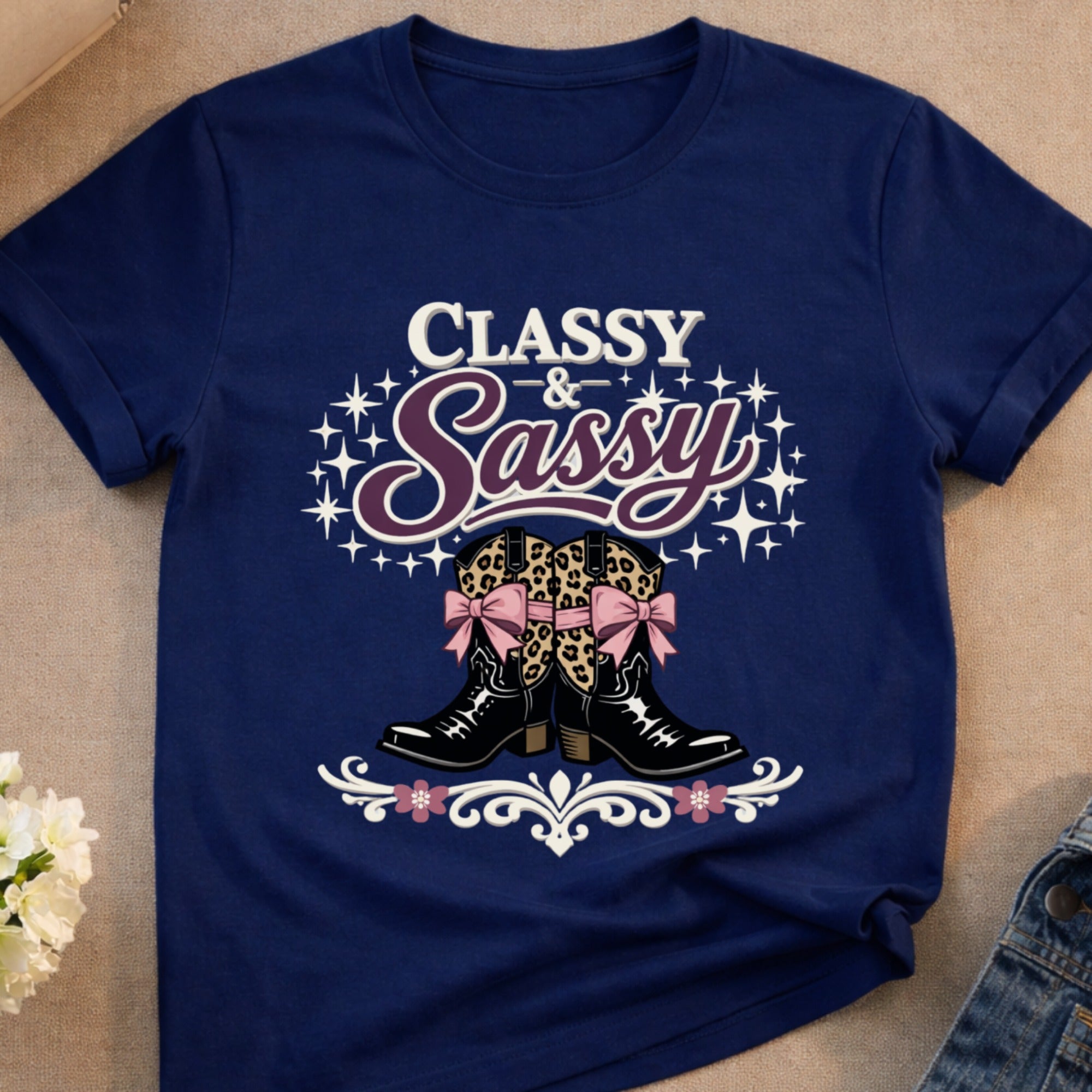 Navy t-shirt with "CLASSY & Sassy" text and leopard print cowboy boots.
