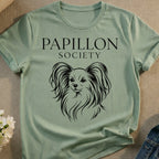Mint green t-shirt with "PAPILLON SOCIETY" and a black line drawing of a dog.