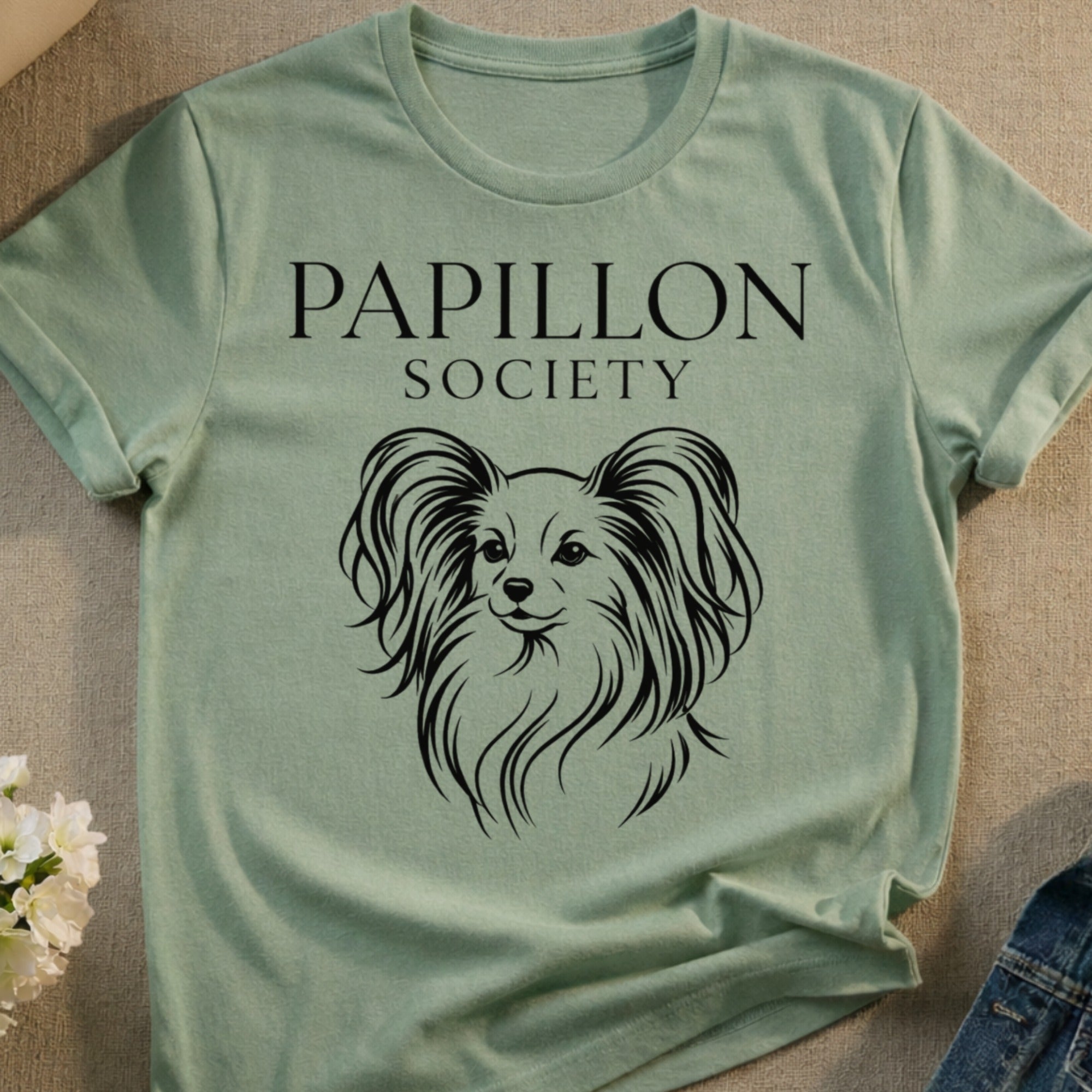 Mint green t-shirt with "PAPILLON SOCIETY" and a black line drawing of a dog.
