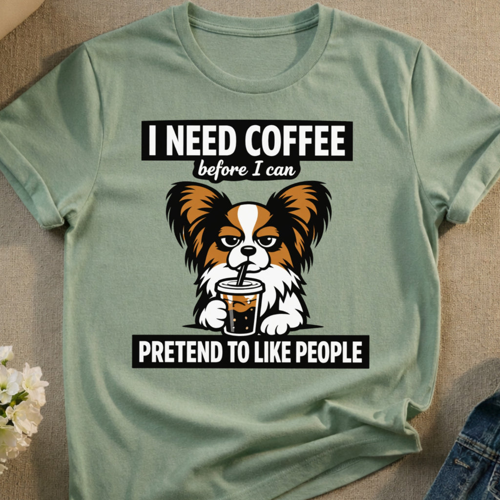 Japanese Chin dog drinking coffee with text: I need coffee before I can pretend to like people.