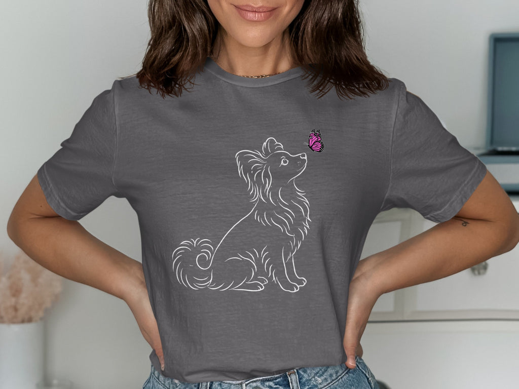 Cute Fluffy Dog with Butterfly Graphic T-shirt