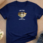 Navy t-shirt with "I'M FINE. totally fine." and cartoon dogs in a glass.