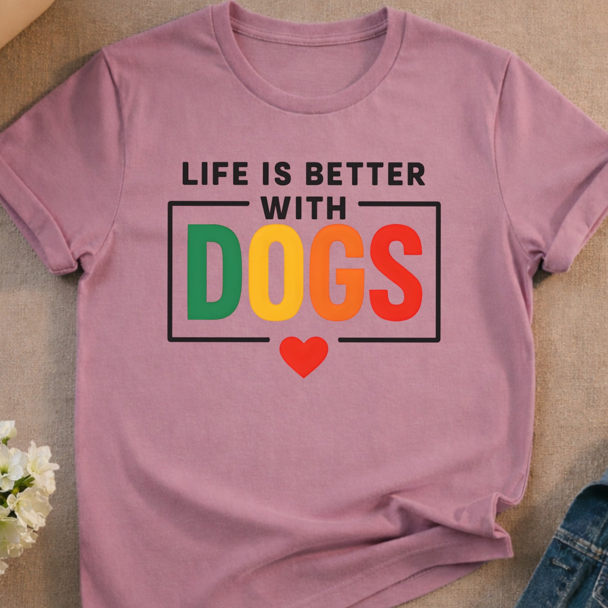 T-shirt with colorful "DOGS" text and "Life is Better with Dogs" slogan.