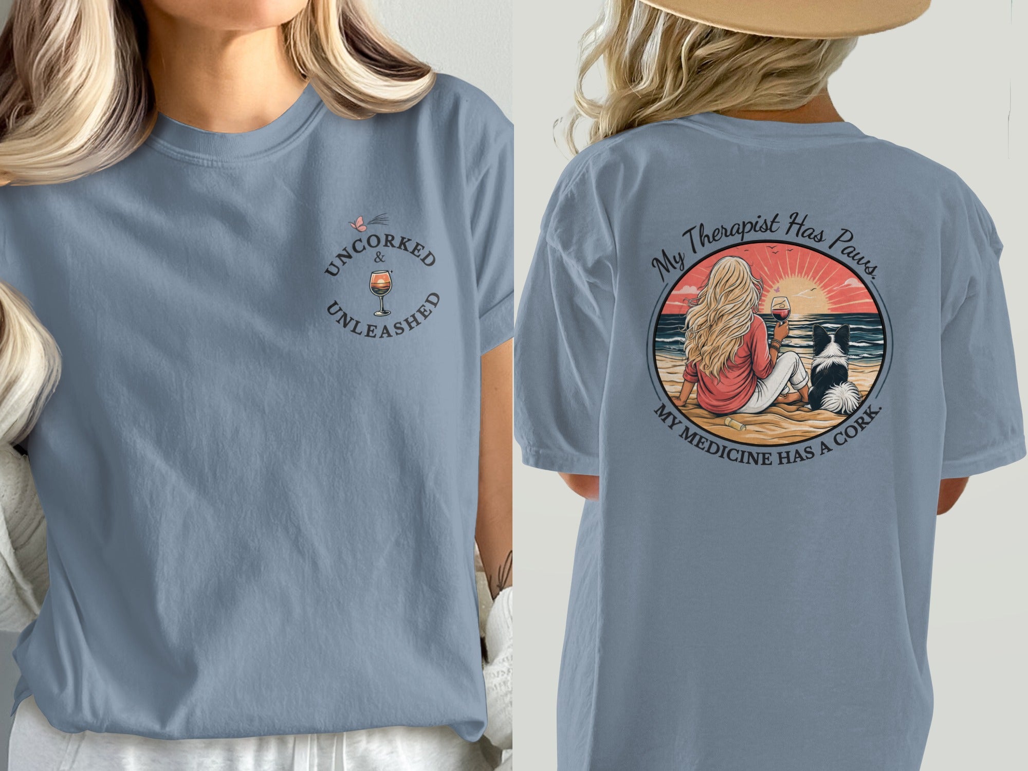 Uncorked & Unleashed t-shirt with wine and dog on beach design.