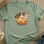 T-shirt with cartoon dogs in a glass of ice, "Overthinking on the Rocks" text.