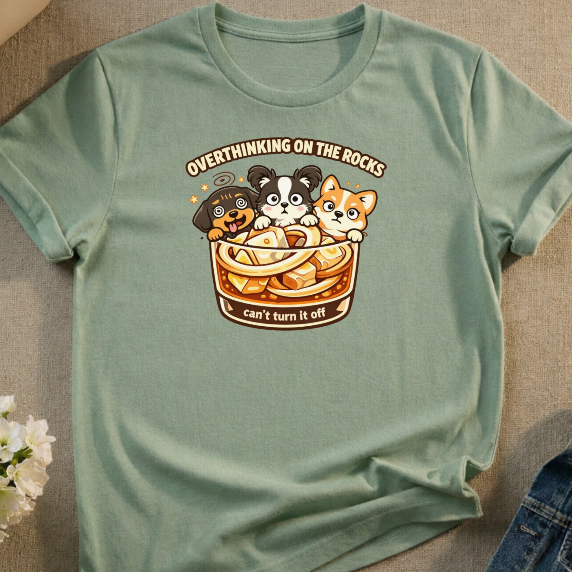 T-shirt with cartoon dogs in a glass of ice, "Overthinking on the Rocks" text.