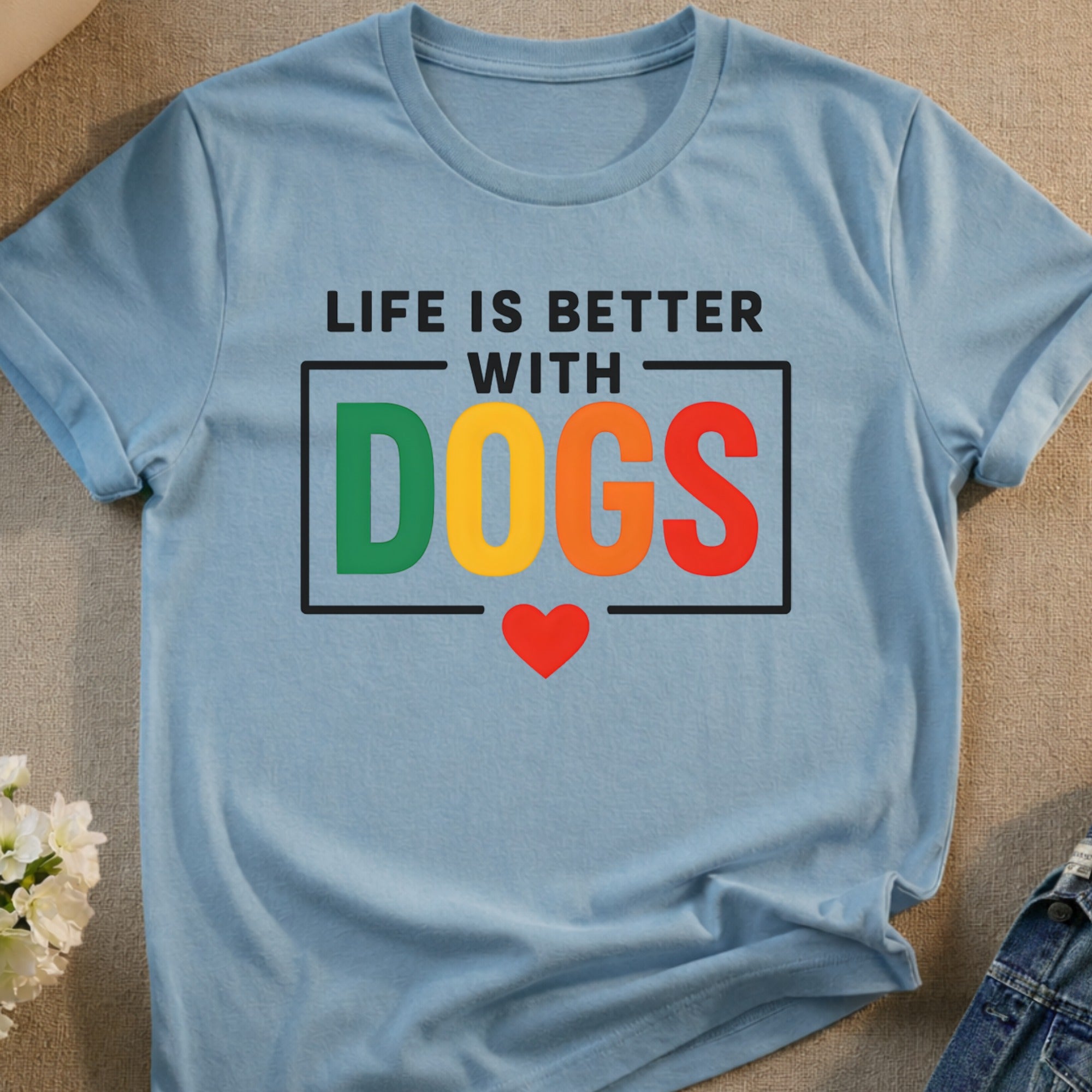 Light blue t-shirt with "Life is Better With Dogs" text and colorful letters.