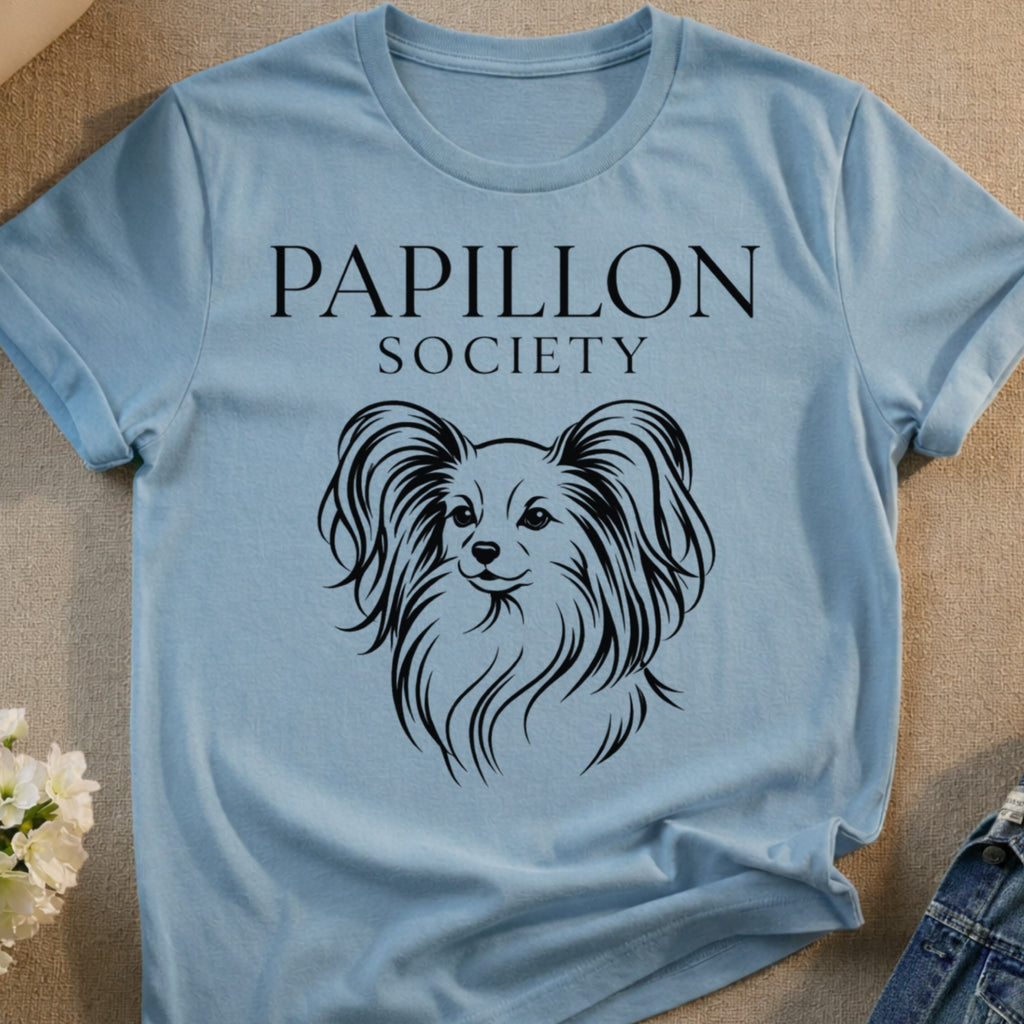 Light blue t-shirt with "Papillon Society" text and a line art drawing of a Papillon dog.
