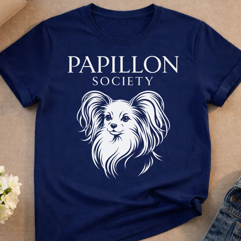 Navy t-shirt with white "Papillon Society" text and a stylized white papillon dog.