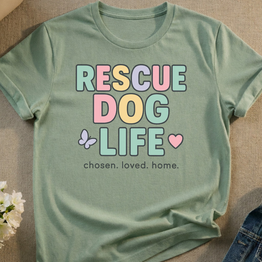 Rescue Dog Life with butterfly and heart design, chosen. loved. home.