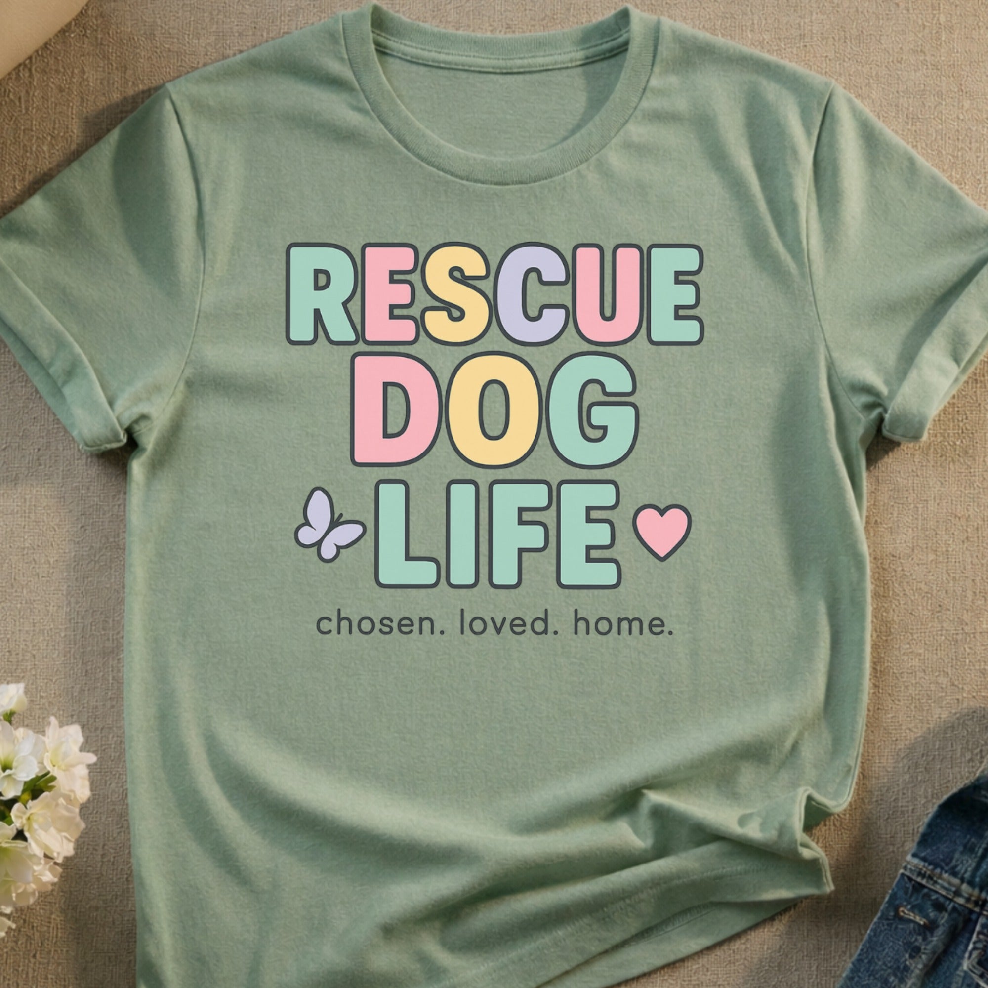Rescue Dog Life with butterfly and heart design, chosen. loved. home.