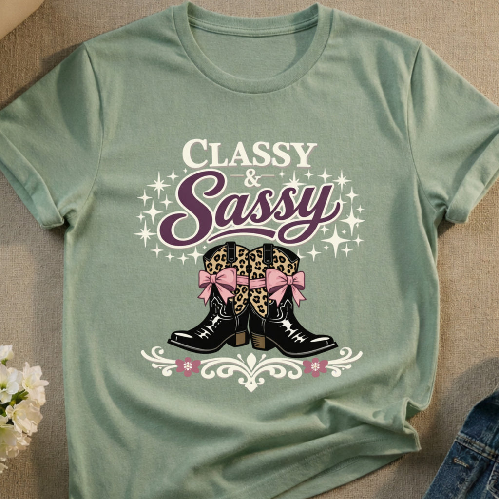 Classy & Sassy text above cowboy boots with leopard print bows.