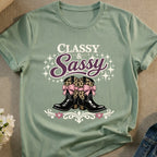 Classy & Sassy text above cowboy boots with leopard print bows.