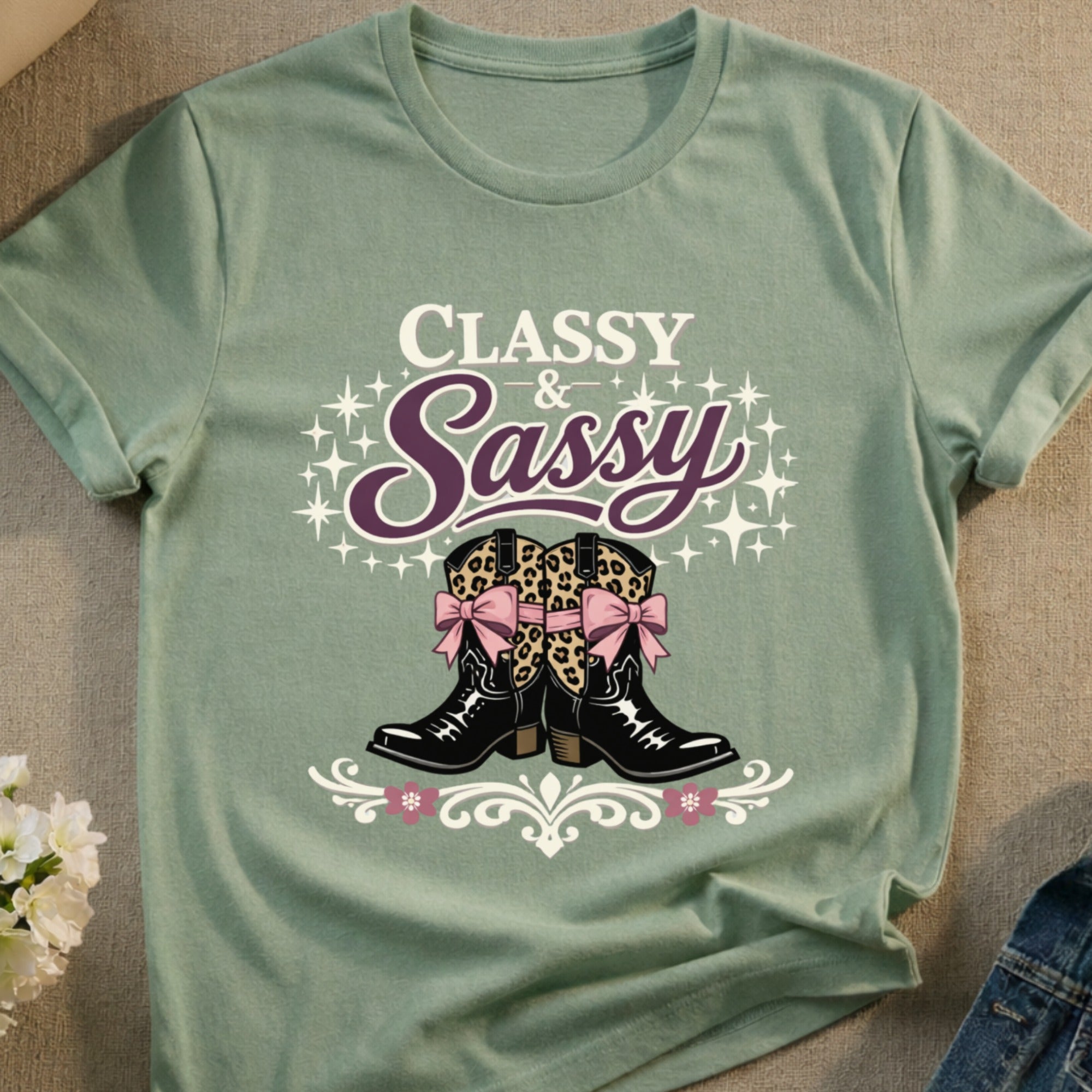 Classy & Sassy text above cowboy boots with leopard print bows.