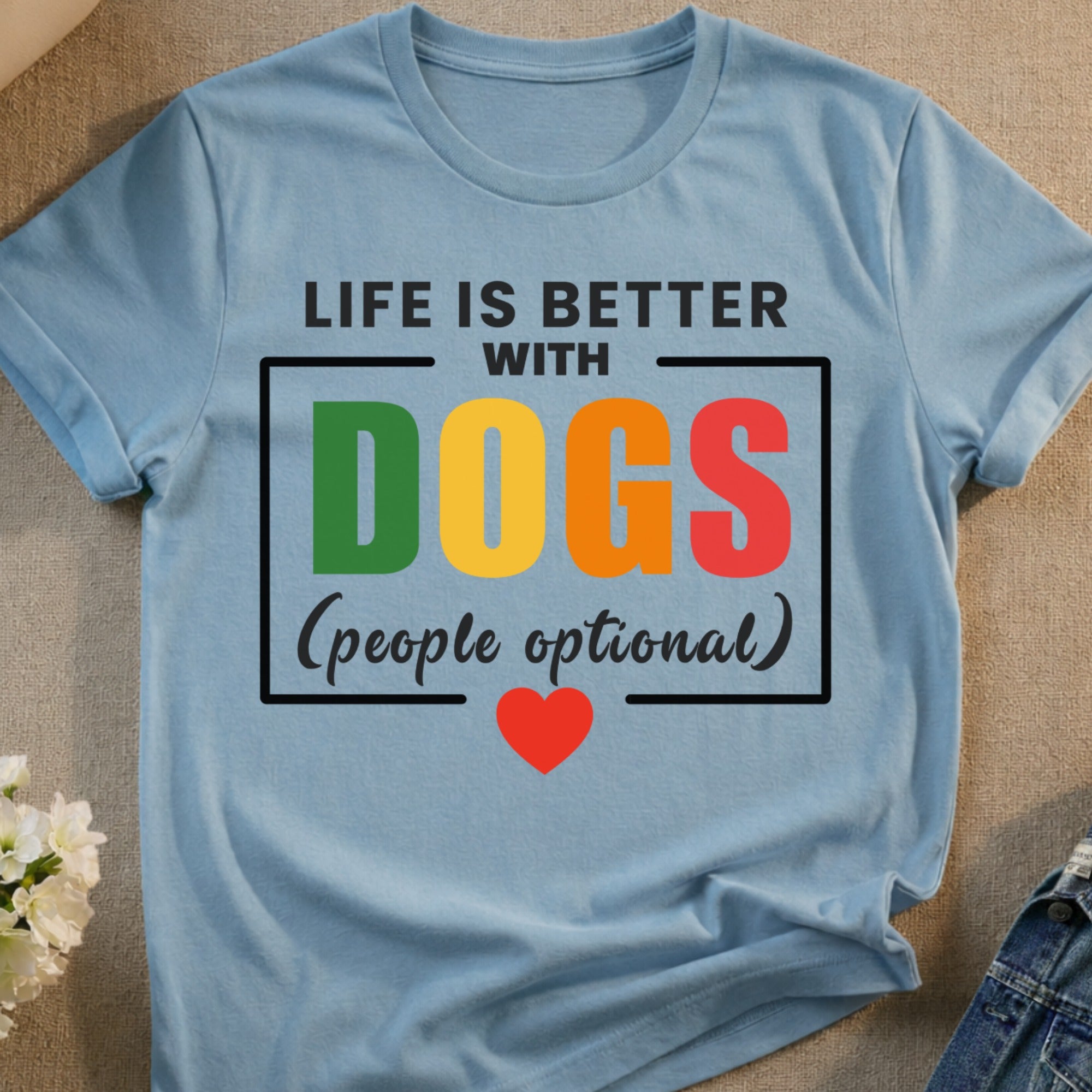 Blue t-shirt with text "Life is better with Dogs (people optional)" and a red heart.