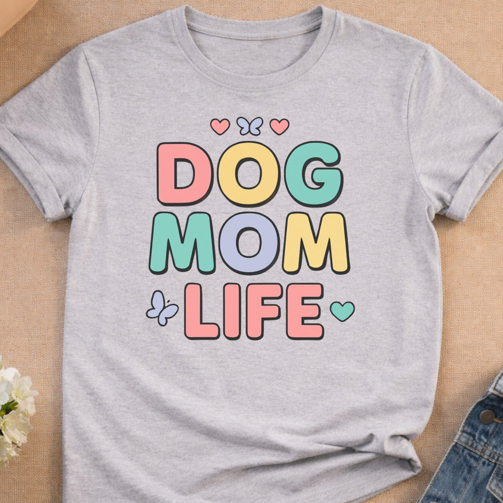 Gray t-shirt with pastel text "DOG MOM LIFE" and small heart and butterfly accents.