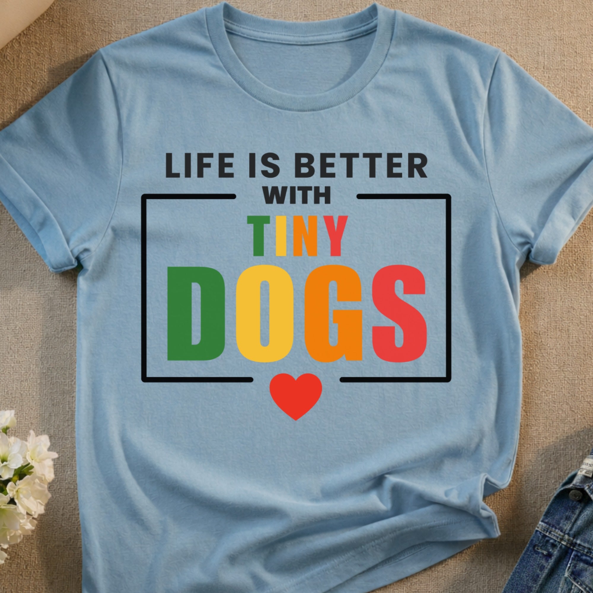 Blue t-shirt with "Life is Better with Tiny Dogs" text and heart.