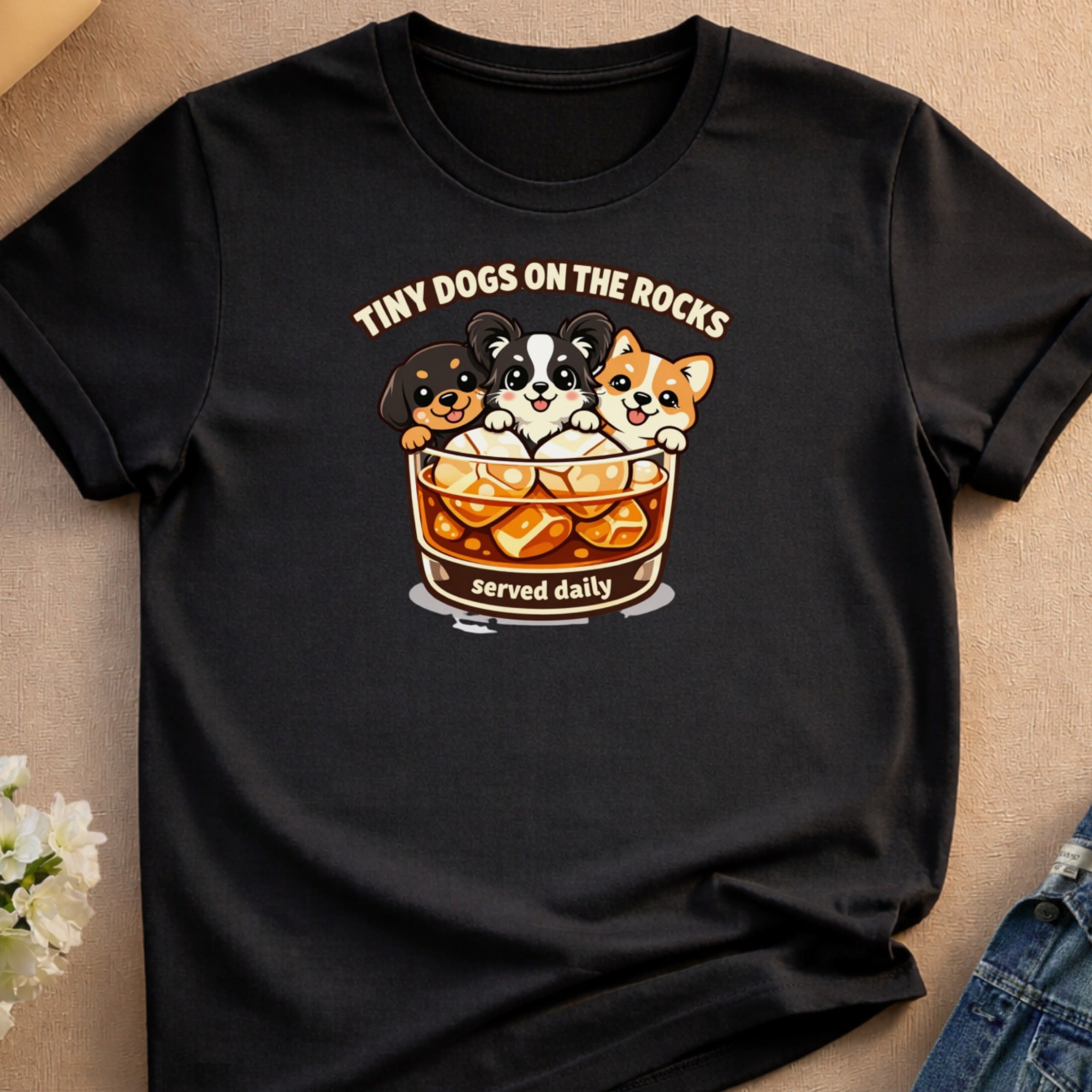 Black t-shirt with "Tiny Dogs on the Rocks Served Daily" graphic.