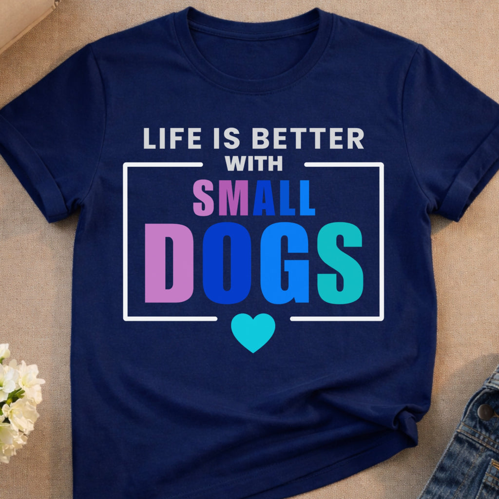 Dark blue t-shirt with "Life is Better With Small Dogs" text and heart.