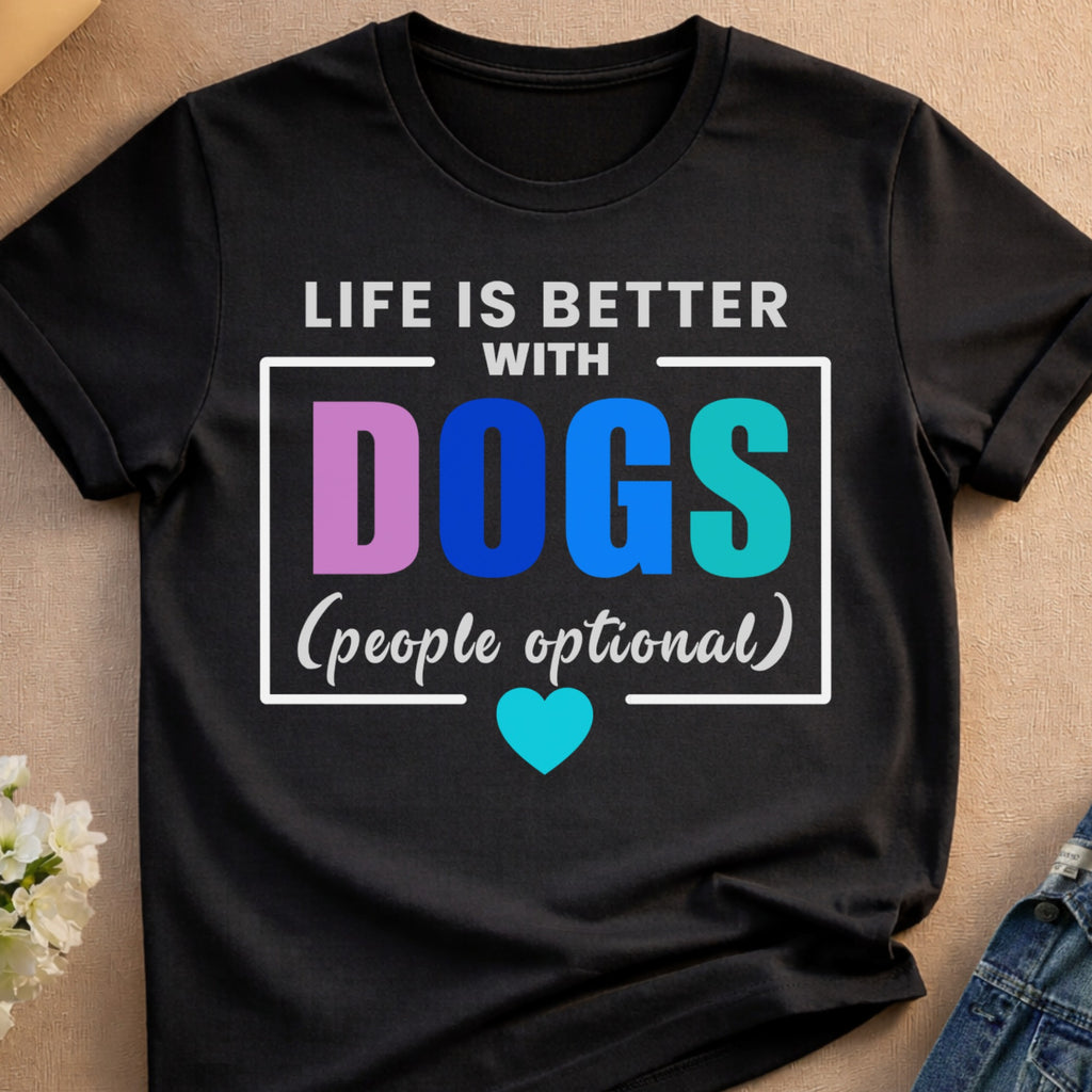 Black t-shirt with text "Life is better with DOGS (people optional)" and a heart.