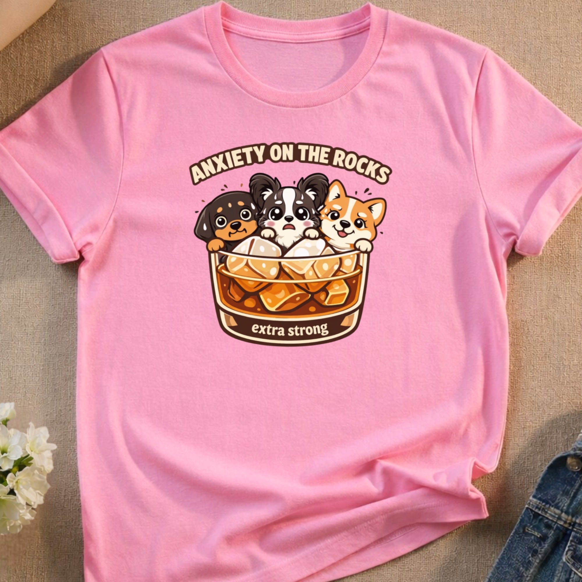 Pink t-shirt with cartoon dogs in a drink labeled "Anxiety on the Rocks extra strong".
