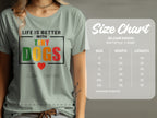 T-shirt graphic with text "Life is Better With Tiny Dogs" and a size chart.