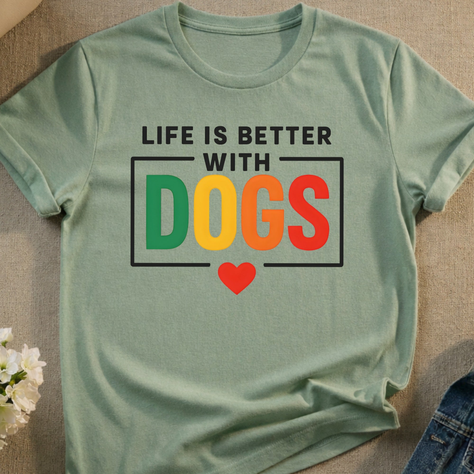 Sage green t-shirt with "Life is Better With Dogs" and colorful letters.