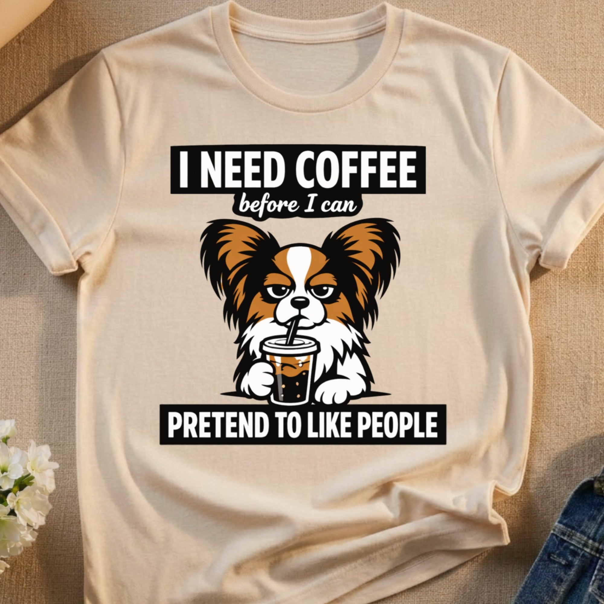 Papillon dog with coffee mug, text "I need coffee before I can pretend to like people".