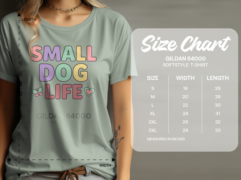 Gildan 64000 Softstyle T-shirt size chart listing sizes, widths, and lengths.