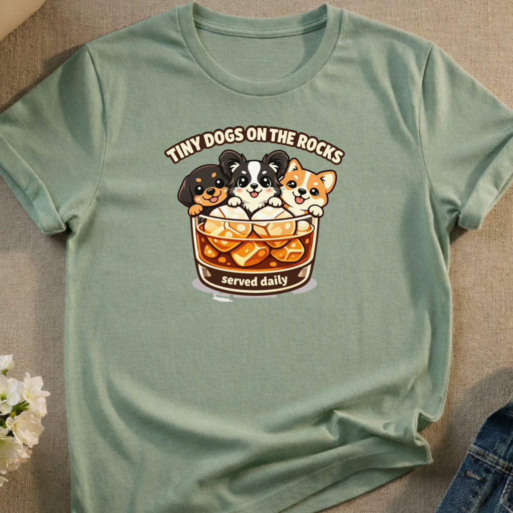 Three tiny dogs in a glass with ice, text "Tiny Dogs on the Rocks" and "Served Daily".