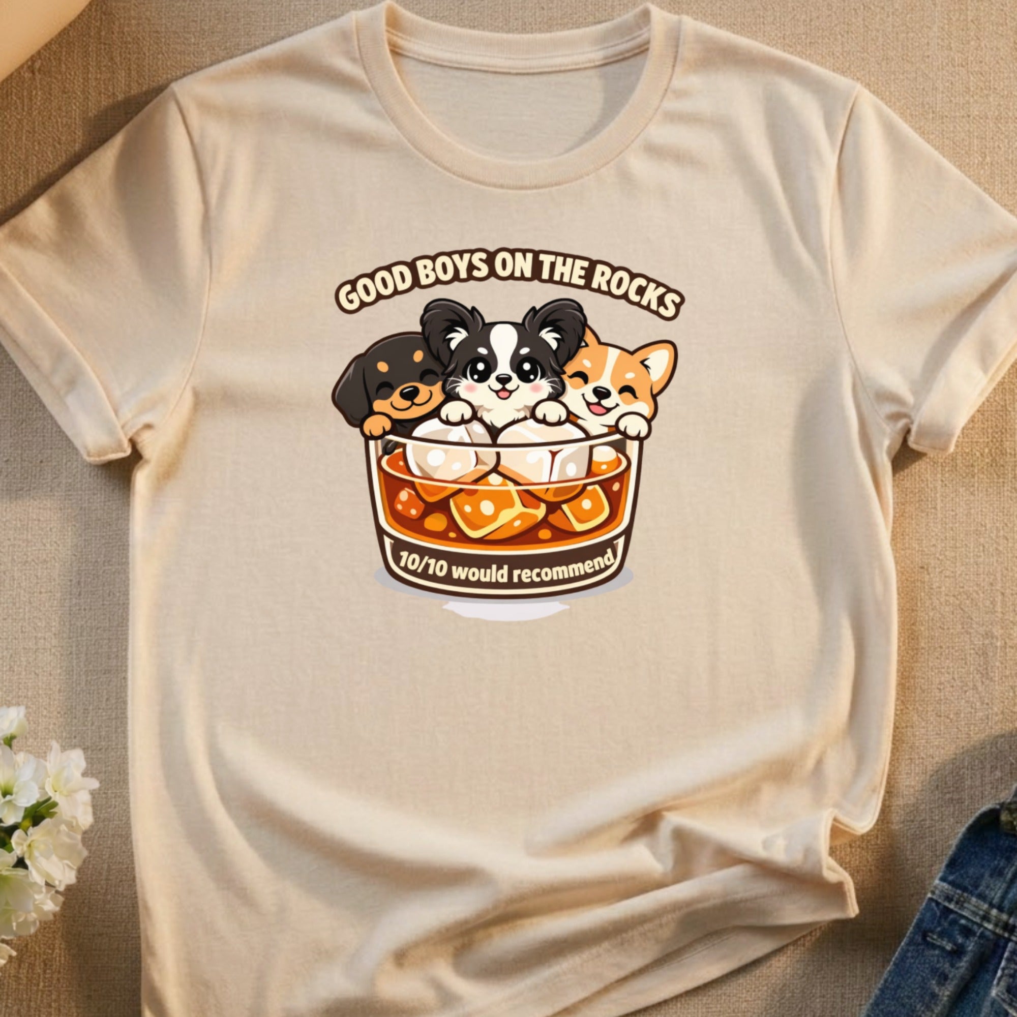 Three puppies in a glass with ice, "Good Boys on the Rocks" text.