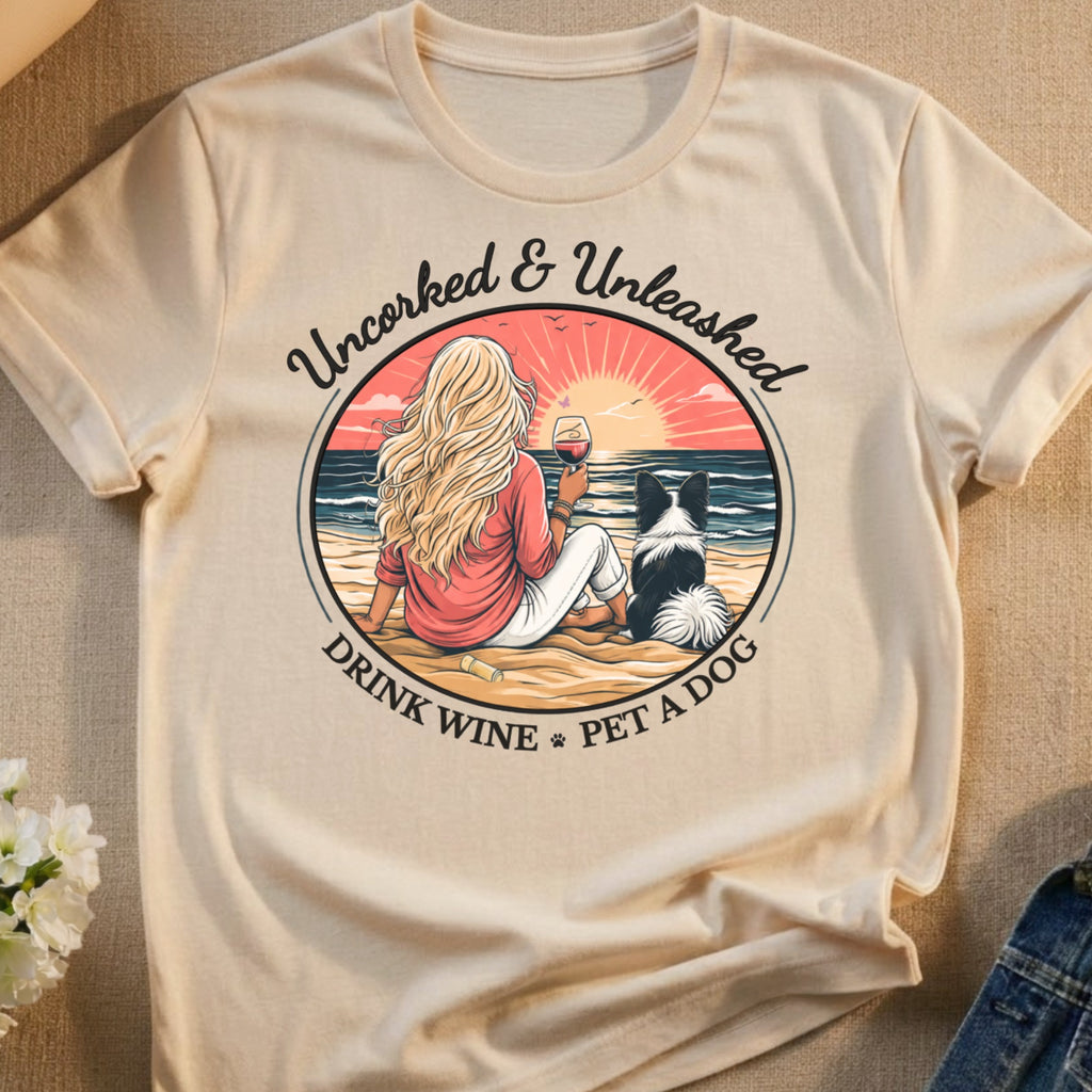 Woman with dog on beach drinking wine, text "Uncorked & Unleashed".