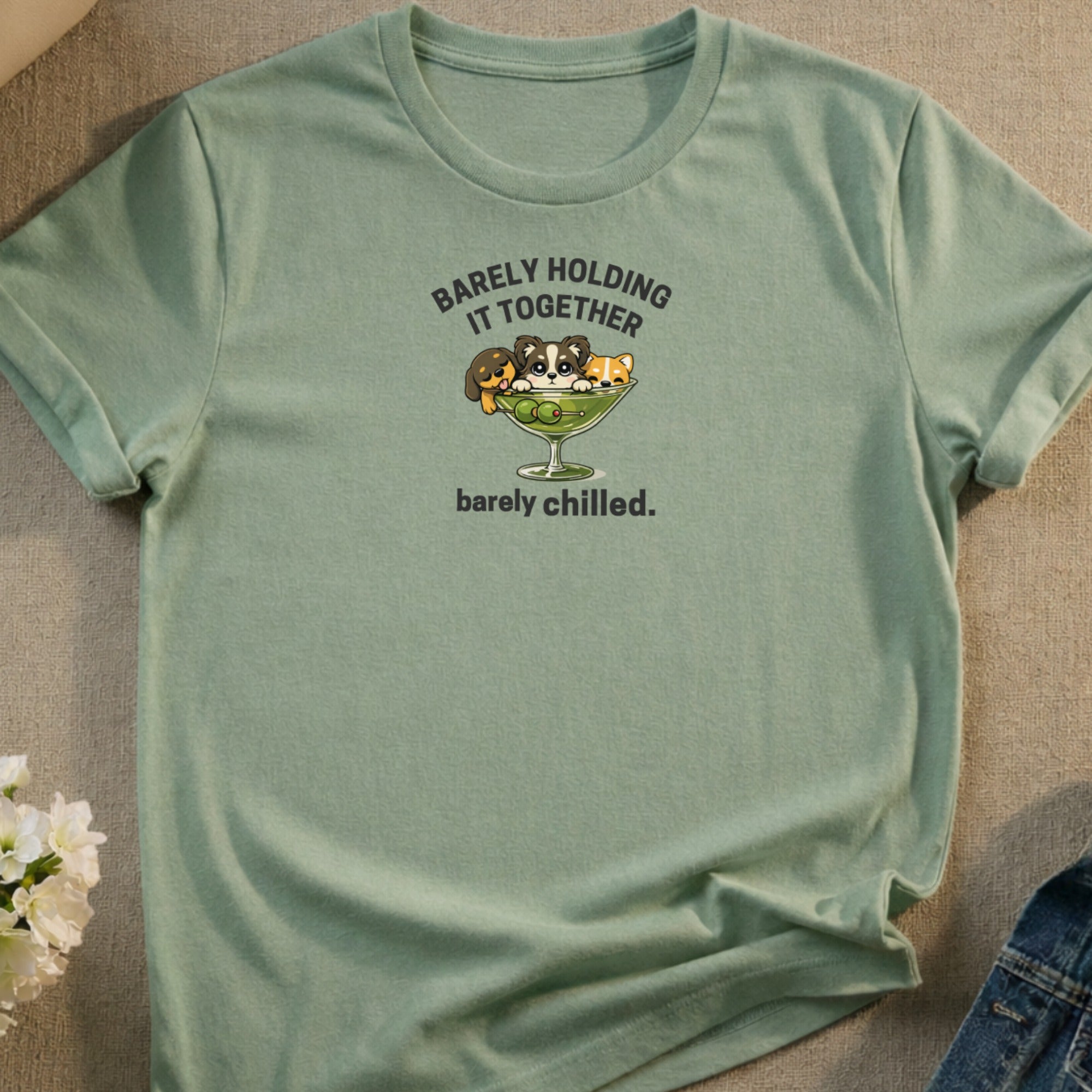 T-shirt with cartoon dogs in a martini glass, text reads "Barely Holding It Together".