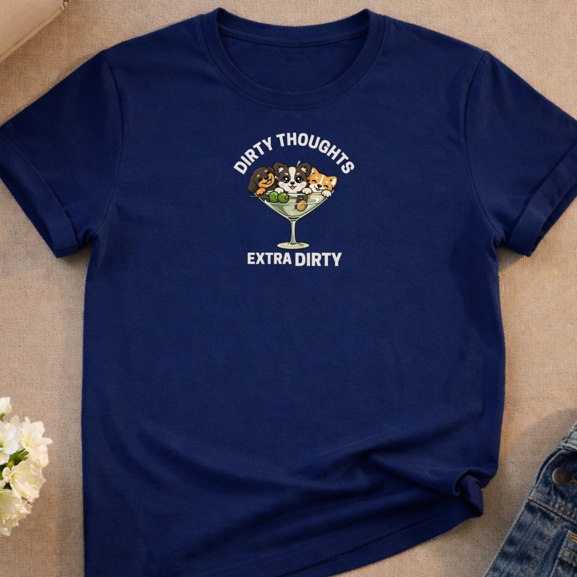Navy t-shirt with Dirty Thoughts Extra Dirty cocktail glass graphic featuring puppies and kittens.