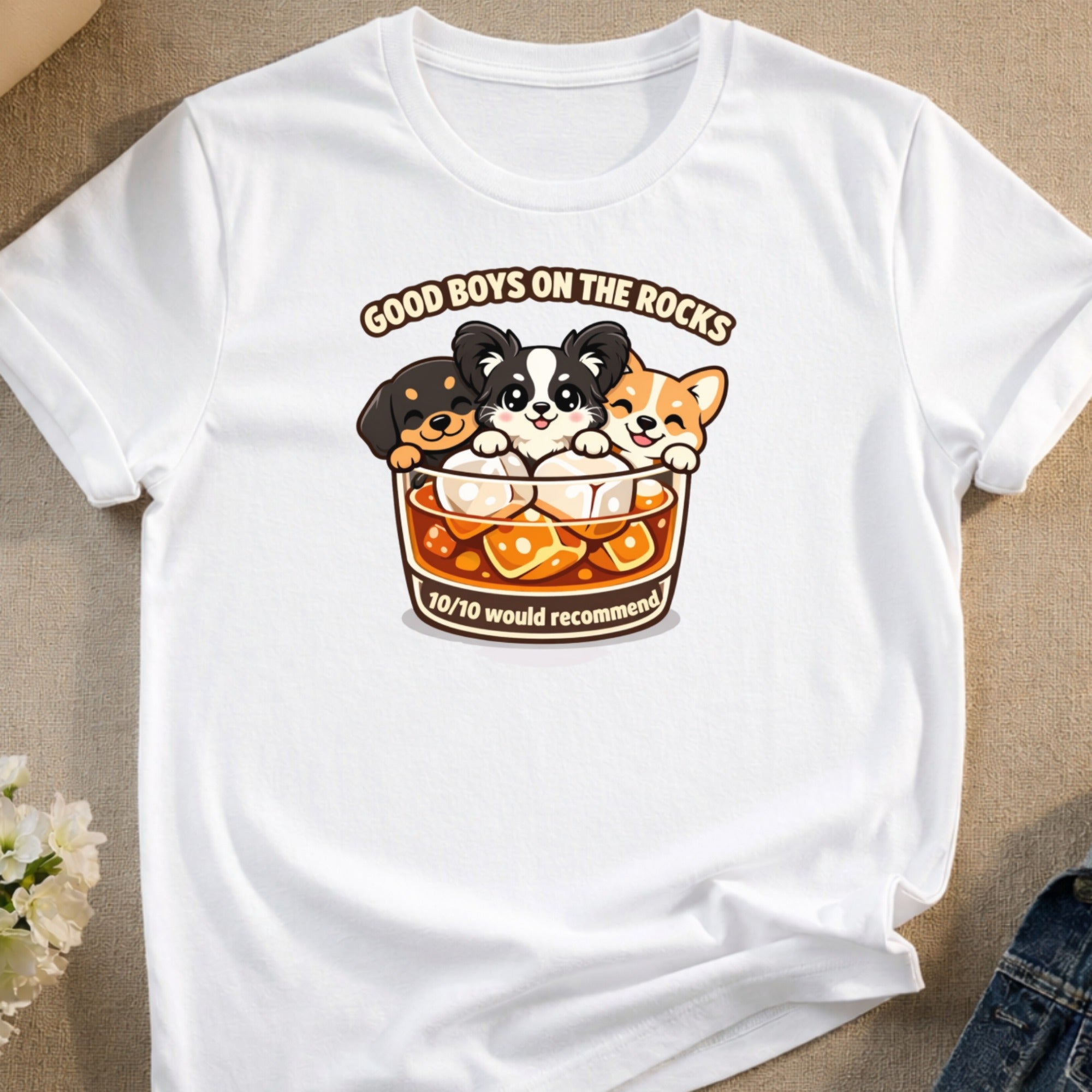 T-shirt with cartoon dogs in a drink glass, saying "Good Boys on the Rocks."