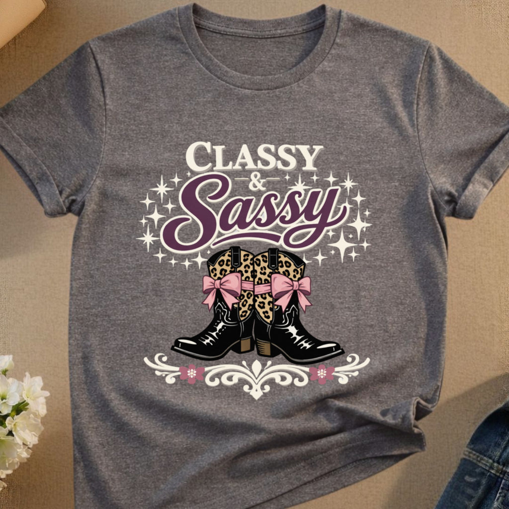 Classy & Sassy text above leopard print cowboy boots with pink bows.