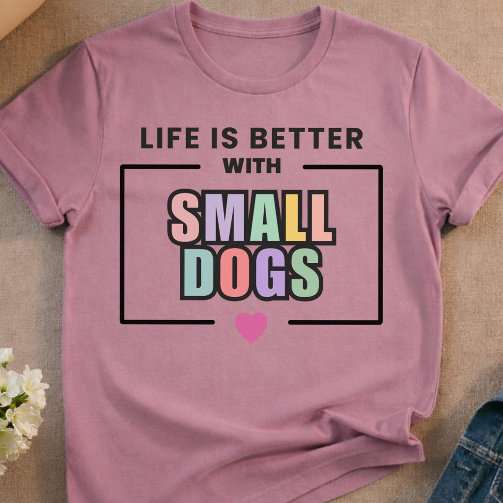 T-shirt with "Life is Better With Small Dogs" text and a heart.