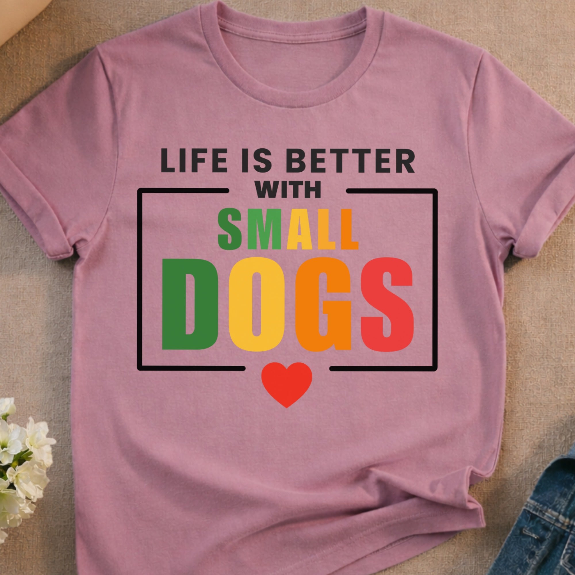 Purple t-shirt with "Life is Better With Small Dogs" graphic.