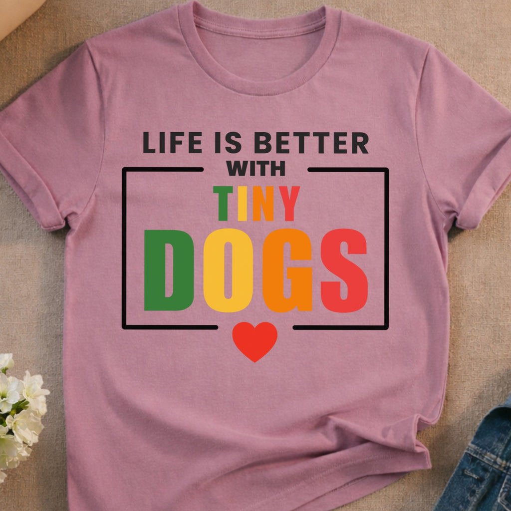 T-shirt with text "Life is better with Tiny Dogs" and a heart.