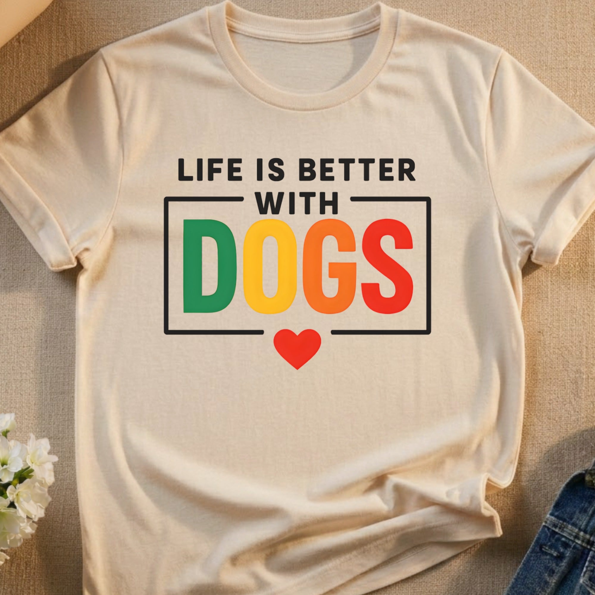 Cream t-shirt with "Life is Better With Dogs" text and colorful dog icon.